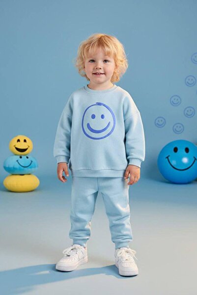 Minigimin Cicileri My Little One's Cicileri Smiling Face Emoji Patterned Boys' 2-Piece Set - Light Blue