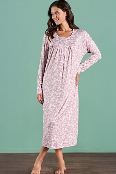 Pijadore Women's Long Sleeve Button-Down Collar Floral Print Pink Color Long Nightgown C8T8N91