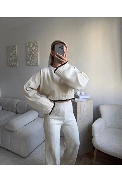 BLUSS Μαύρο και άσπρο λεπτομερές γυναικείο πλεκτό σετ δύο τεμαχίων – Crop πουλόβερ & παντελόνι F κοτλέ