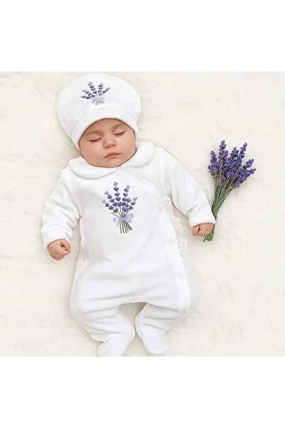 bebe kervanı Kız Bebek %100 Pamuklu Beyaz Kadife Kumaş Lavanta Çiçeği Tulum S...