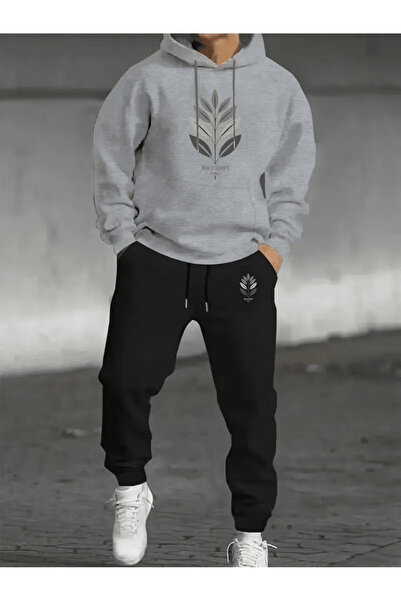 ORVIO Group Men's Leaf Patterned Hooded Tracksuit Set