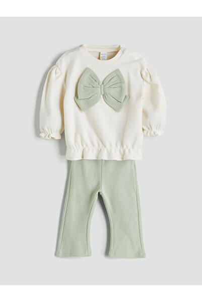 LC Waikiki Ecru Bow Detailed Baby Girl Sweatshirt and Leggings