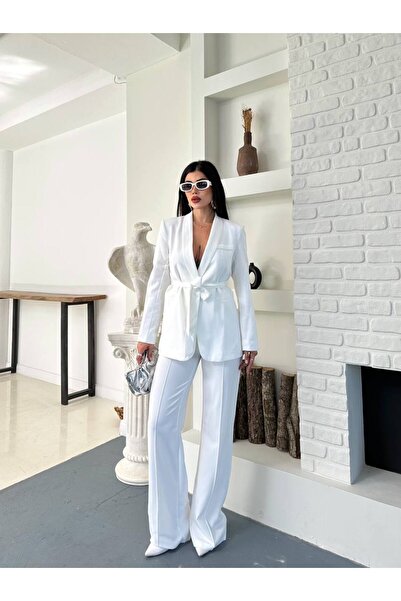 SUXİRCNHTMTS Γυναικείο Σετ Παντελόνι με Ζώνη και Μπλέιζερ – Κομψό Σύνολο για το Γραφείο