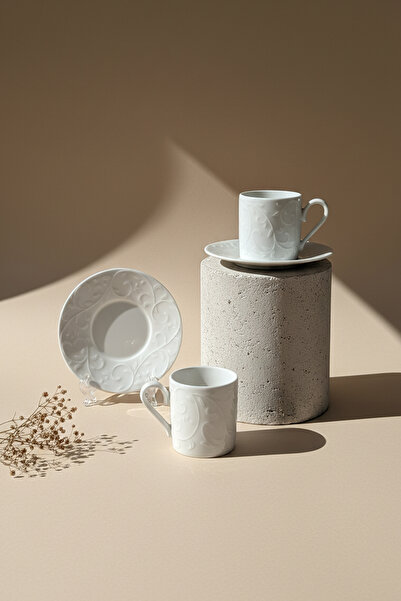 KHAKMA Home Camelia Series 6-Piece Embossed White Porcelain Coffee Cup Set - 80 ml