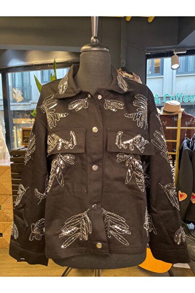 By-esq Women's Stone Embroidered Special Design Cotton Long Sleeve Jacket