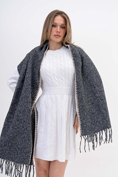 HERCHES Piped Detail Winter Plain Wool Scarf - Smoked