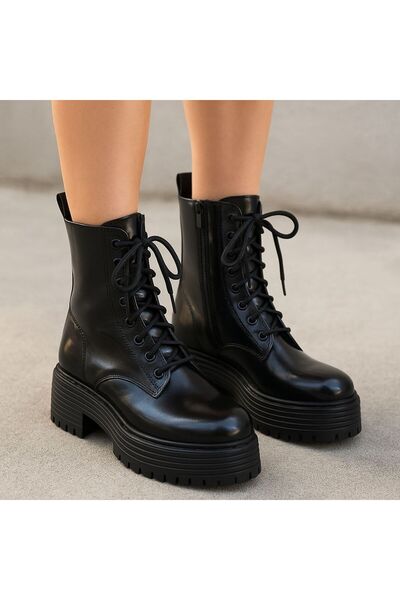 defile ayakkabi حذاء نسائي أسود بكعب سميك من الجلد اللامع