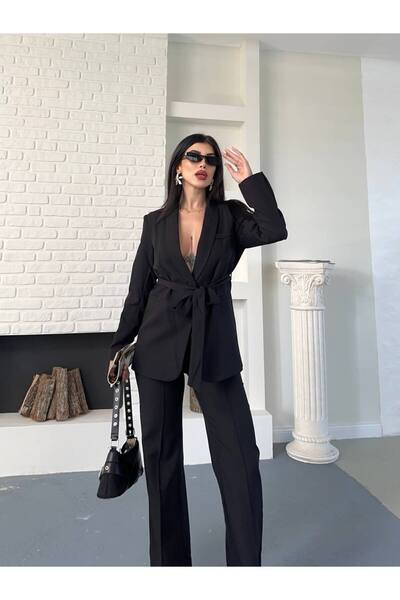 SUXİRCNHTMTS Kadın Beli Kuşaklı Blazer Ceket Pantolon Takım – Şık Ofis Kombini