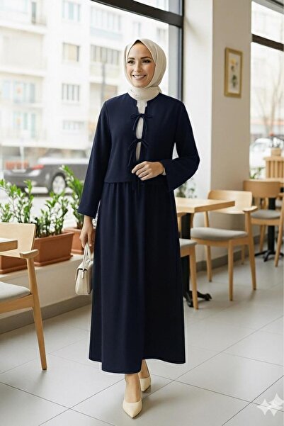 Marina Trend Set dublu negru cu fustă cu șireturi în față (jachetă hijab, set de fuste maxi, combinație elegantă pentru birou zilnic)