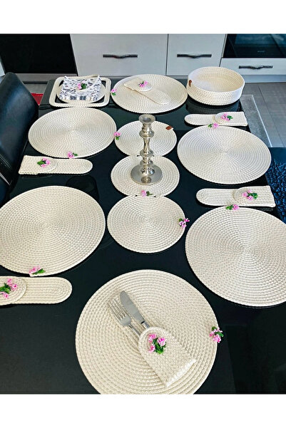 ESSENSE HOME & LİVİNG Round Hand-Woven American Tablecloth Runner Napkin Holder Table Set Handmade Table Set