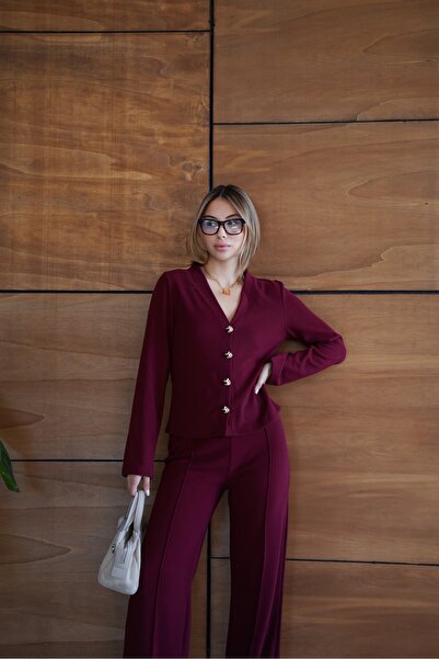 cemo Thessaloniki Fabric Wide Leg Buttoned Jacket Women's Suit