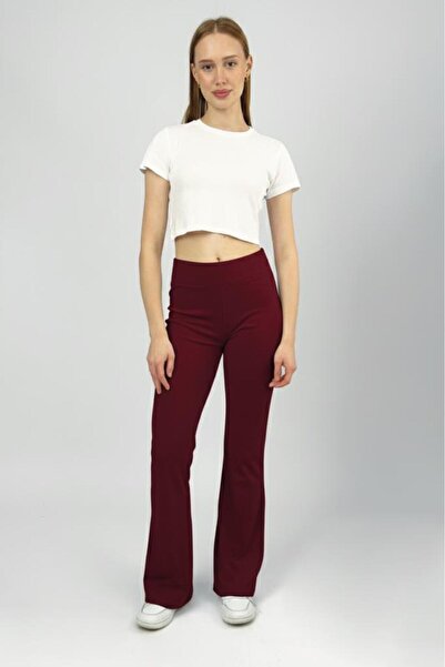 Betimoda Women's High Waist Stretch Fabric Stretchy Flared Pants Leggings Burgundy