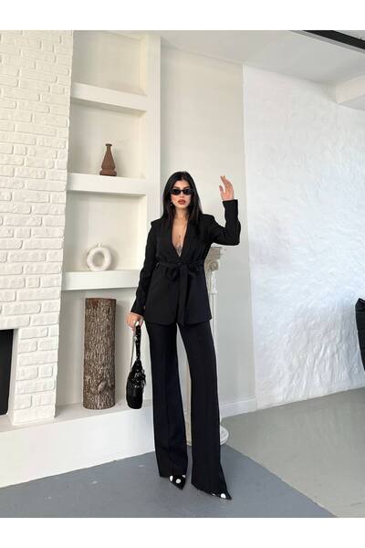 SUXİRCNHTMTS Kadın Beli Kuşaklı Blazer Ceket Pantolon Takım – Şık Ofis Kombini