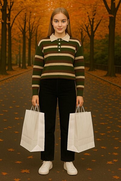 Sfg Life Moda Striped Buttoned Polo Neck Women's Knitwear Sweater