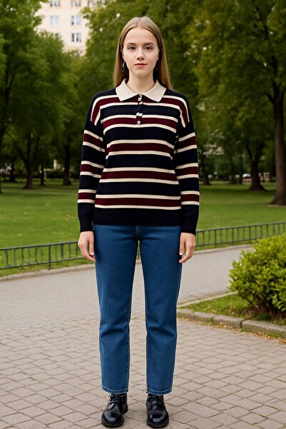 Sfg Life Moda Striped Buttoned Polo Neck Women's Knitwear Sweater