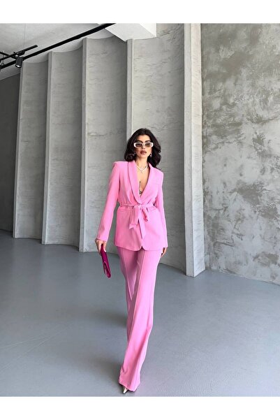 SUXİRCNHTMTS Kadın Beli Kuşaklı Blazer Ceket Pantolon Takım – Şık Ofis Kombini