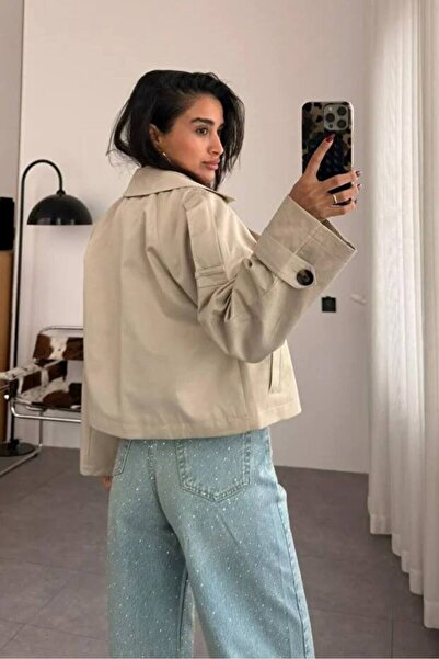 WomanStyle Kadın Premium Kalite Taş Rengi Crop Trençkot