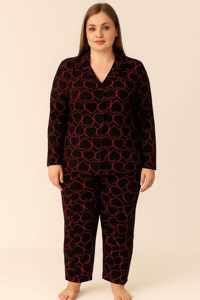 Pemilo Women's 02162 Plus Size Buttoned Suede Pajama Set Black