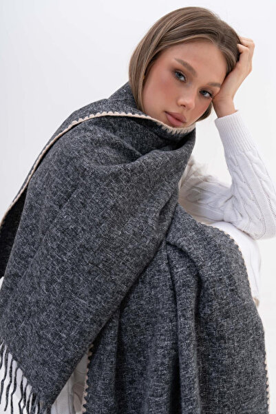 HERCHES Piped Detail Winter Plain Wool Scarf - Smoked