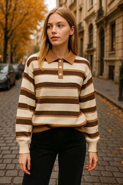 Sfg Life Moda Striped Buttoned Polo Neck Women's Knitwear Sweater