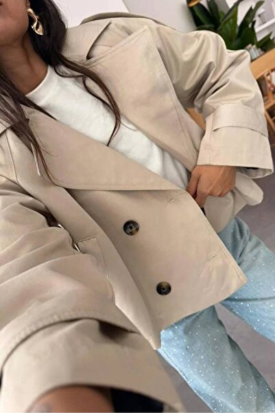 WomanStyle Kadın Premium Kalite Taş Rengi Crop Trençkot