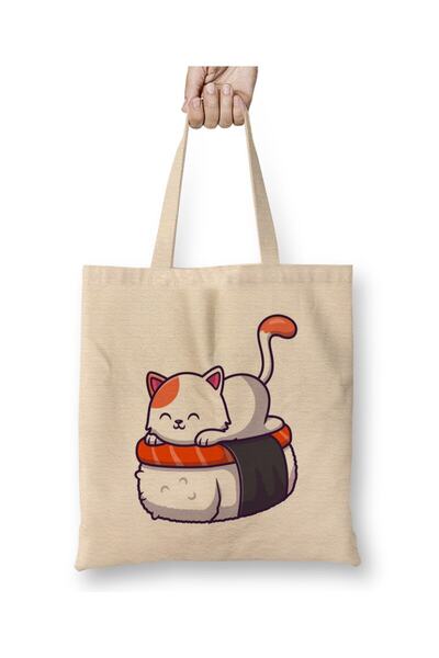 Toyaso Cute Cat Sushi Salmon v5 Біла тканинна сумка з довгими ручками Сумка для покупок Сумка для пляжу