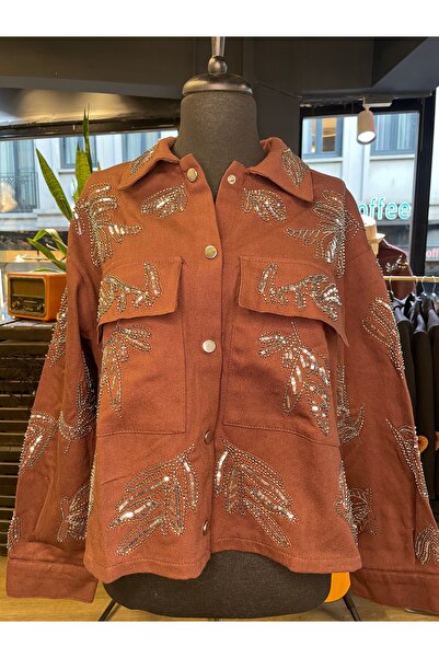 By-esq Women's Stone Embroidered Special Design Cotton Long Sleeve Jacket