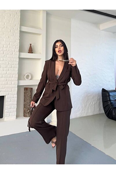 SUXİRCNHTMTS Γυναικείο Σετ Παντελόνι με Ζώνη και Μπλέιζερ – Κομψό Σύνολο για το Γραφείο
