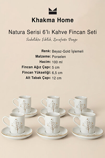 KHAKMA Home Natura Series 6-Piece Porcelain Coffee Cup Set - Gold Tree Pattern, 100 ml