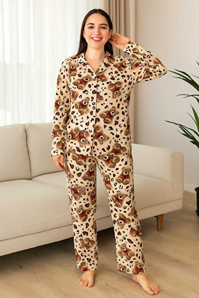 Tenra Σετ γυναικεία πιτζάμα με κουμπιά σε όλη την μήκος 100% βαμβάκι με σχέδιο αρκουδάκι