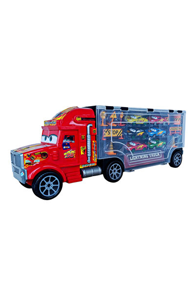 Brother Toys Giant Size 56 Cm. Metal Car Carrying Lightning Mcqueen Truck Mekkuin and 6 Metal Cars + 9 Pieces of Accessories
