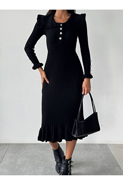 BLUSS Ruffle Detailed Pearl Buttoned Knitwear Dress - Black / White / Burgundy | Winter Long Model