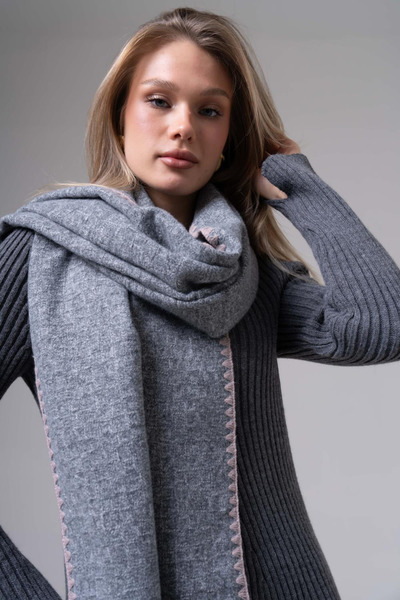 HERCHES Piped Detail Winter Plain Wool Scarf - Ashy Gray