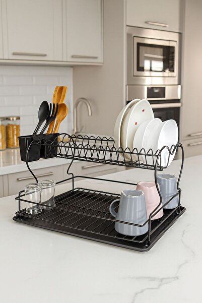 OVAHOME Ova Home İki Katlı Bulaşıklık Siyah– Paslanmaz Metal Bulaşıklık + Siy...
