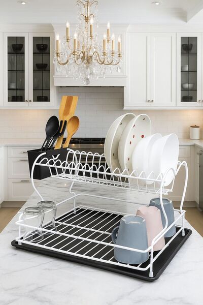 OVAHOME Ova Home İki Katlı Bulaşıklık Beyaz – Paslanmaz Metal Bulaşıklık + Si...