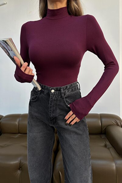 mylove Mock Neck Long Sleeve Basic Blouse Burgundy