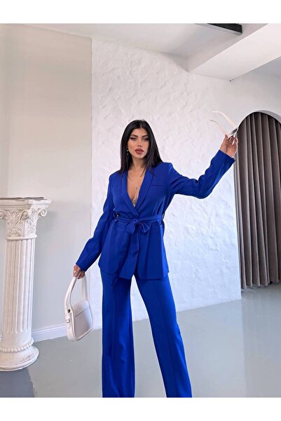 SUXİRCNHTMTS Γυναικείο Σετ Παντελόνι με Ζώνη και Μπλέιζερ – Κομψό Σύνολο για το Γραφείο