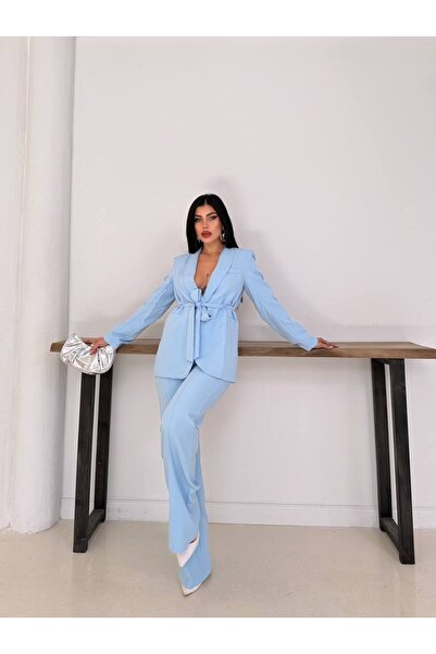 SUXİRCNHTMTS Γυναικείο Σετ Παντελόνι με Ζώνη και Μπλέιζερ – Κομψό Σύνολο για το Γραφείο
