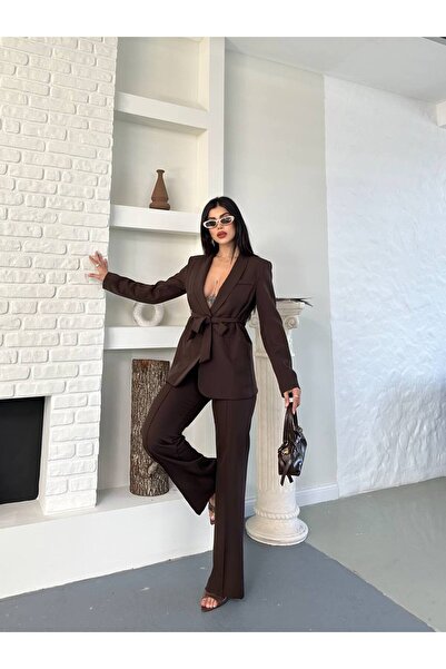 SUXİRCNHTMTS Γυναικείο Σετ Παντελόνι με Ζώνη και Μπλέιζερ – Κομψό Σύνολο για το Γραφείο
