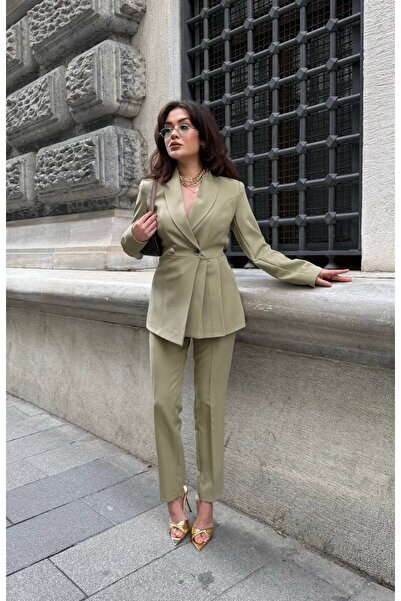 SUXİRCNHTMTS Side Pleated Detail Blazer Jacket and Flared Leg Pants Set – Modern Women's Elegance