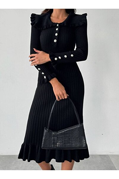 BLUSS Ruffle Detailed Pearl Buttoned Knitwear Dress - Black / White / Burgundy |   Winter Long Model