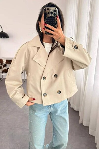 WomanStyle Kadın Premium Kalite Taş Rengi Crop Trençkot