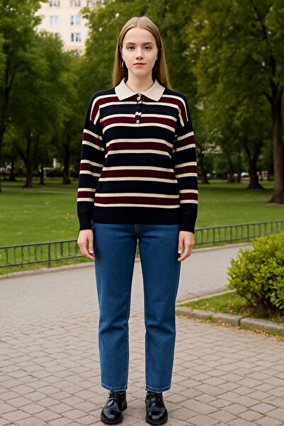 HİRA LİFE FASHİON Pulover tricotat pentru femei cu guler polo cu nasturi în d...