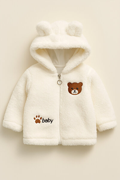 Uğur bebe Cream Color Lined Unisex Plush Hooded Teddy Bear Embroidered Baby Cardigan – Soft and Keeps Warm