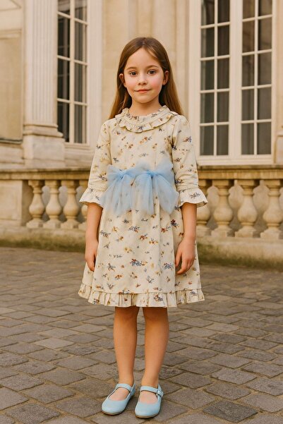 La reina petite Classic floral dress with sky blue tulle bows
