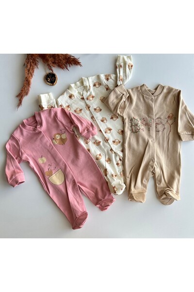 minço bebe Kuş Printed 100% Cotton Snap Fastener Baby Girl Romper Set of 3