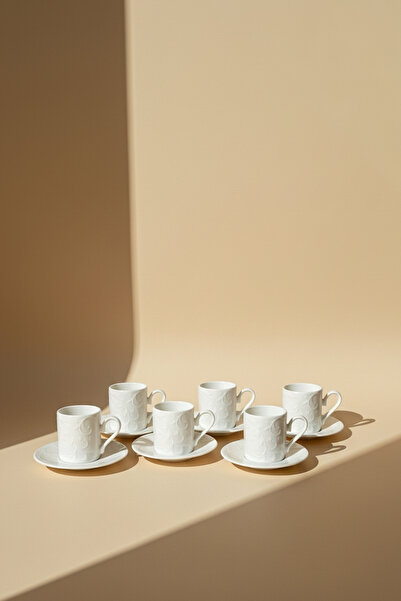 KHAKMA Home Camelia Series 6-Piece Embossed White Porcelain Coffee Cup Set - 80 ml