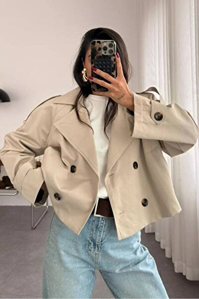 WomanStyle Kadın Premium Kalite Taş Rengi Crop Trençkot