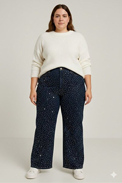 nd jeans بنطلون جينز نسائي كبير الحجم بأرجل واسعة مزين بالأحجار