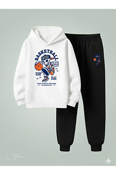 LORVEX Erkek Çocuk Kapüşonlu Takım İSKELET BASKET Baskılı 3 İplik Şardonlu Sw...